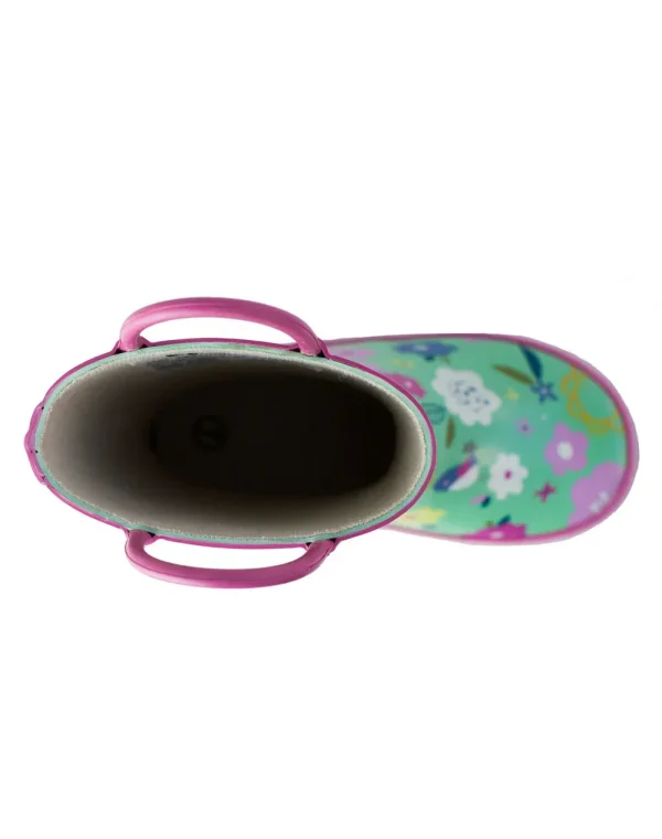 Green Floral Loop Handle Rubber Rain Boots - Image 3
