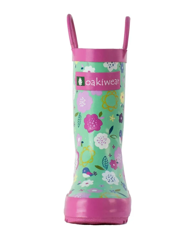 Green Floral Loop Handle Rubber Rain Boots - Image 5