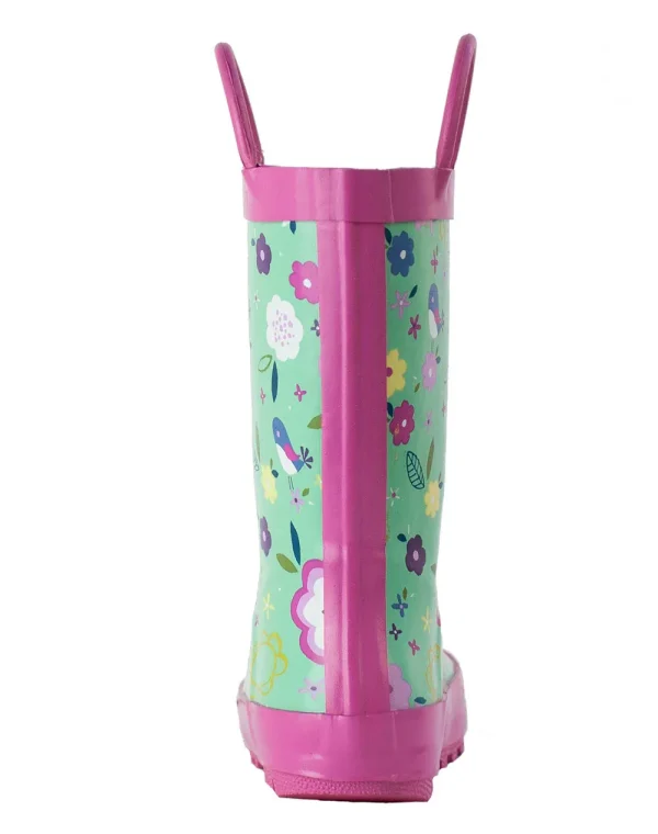 Green Floral Loop Handle Rubber Rain Boots - Image 6