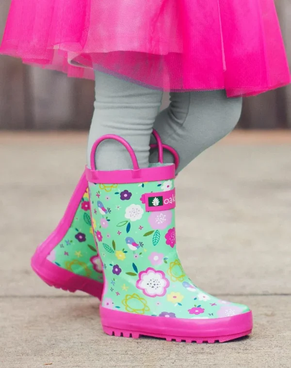 Green Floral Loop Handle Rubber Rain Boots - Image 7