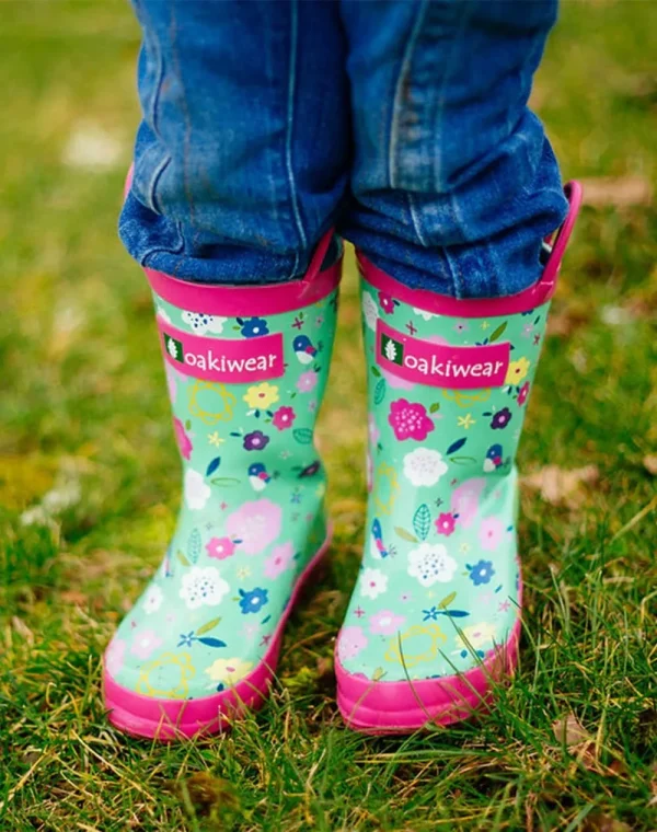 Green Floral Loop Handle Rubber Rain Boots - Image 8
