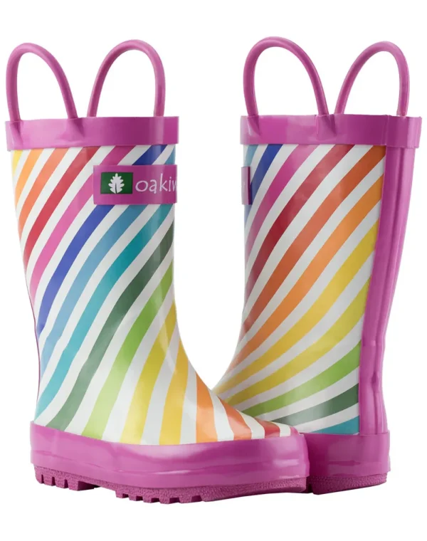 Rainbow Stripes Loop Handle Rubber Rain Boots - Image 7