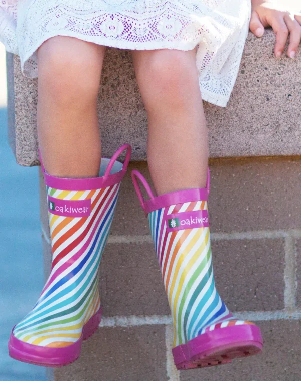 Rainbow Stripes Loop Handle Rubber Rain Boots - Image 8