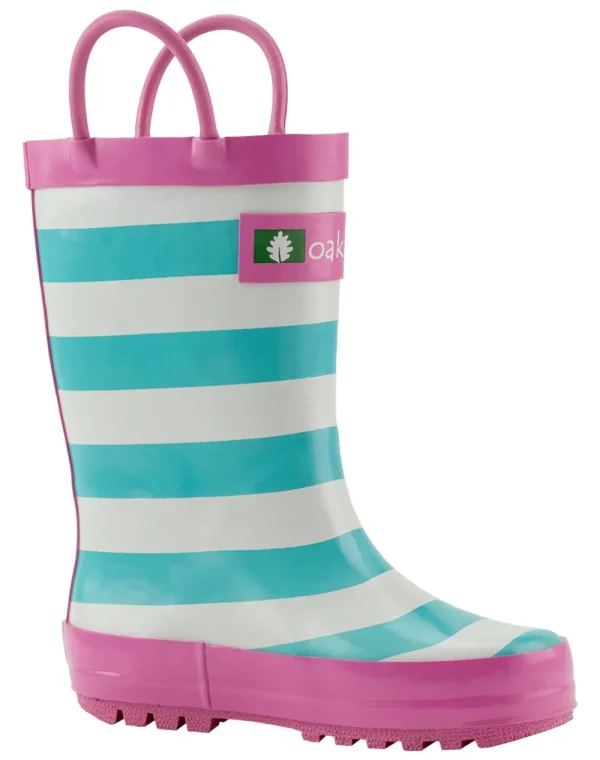 Mint, White & Pink Loop Handle Rubber Rain Boots - Image 2
