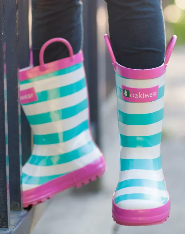 Mint, White & Pink Loop Handle Rubber Rain Boots - Image 8