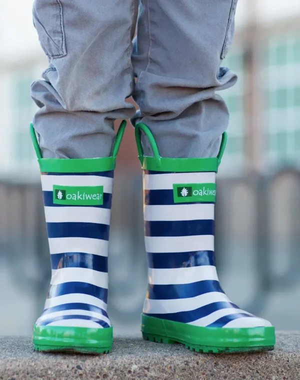 OAKI Blue, Green & White Stripes Loop Handle Rubber Rain Boots - Image 8
