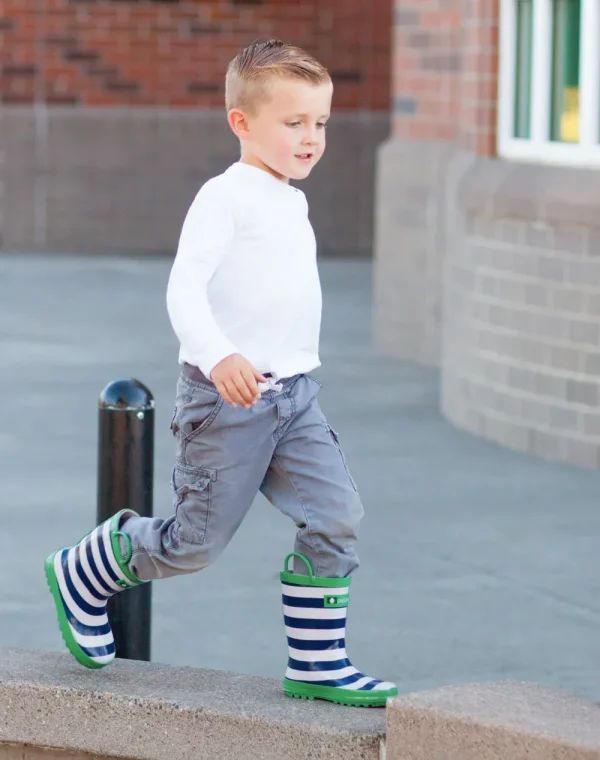 OAKI Blue, Green & White Stripes Loop Handle Rubber Rain Boots - Image 9